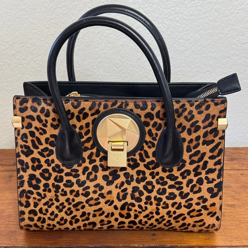 Celine Dion Octave Leopard Print Handbag with Black Accents Leather Satchel.
